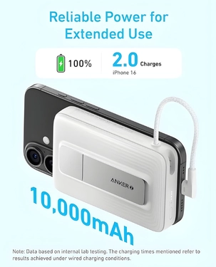 Anker Zolo 10000mAh Magnetic Power Bank | 30W Wired and 7.5W Wireless Charging | Built-in USB-C Cable | MagSafe-Compatible | Digital Display | Integrated Kickstand | A1685H31 - Blue thumbnail 3