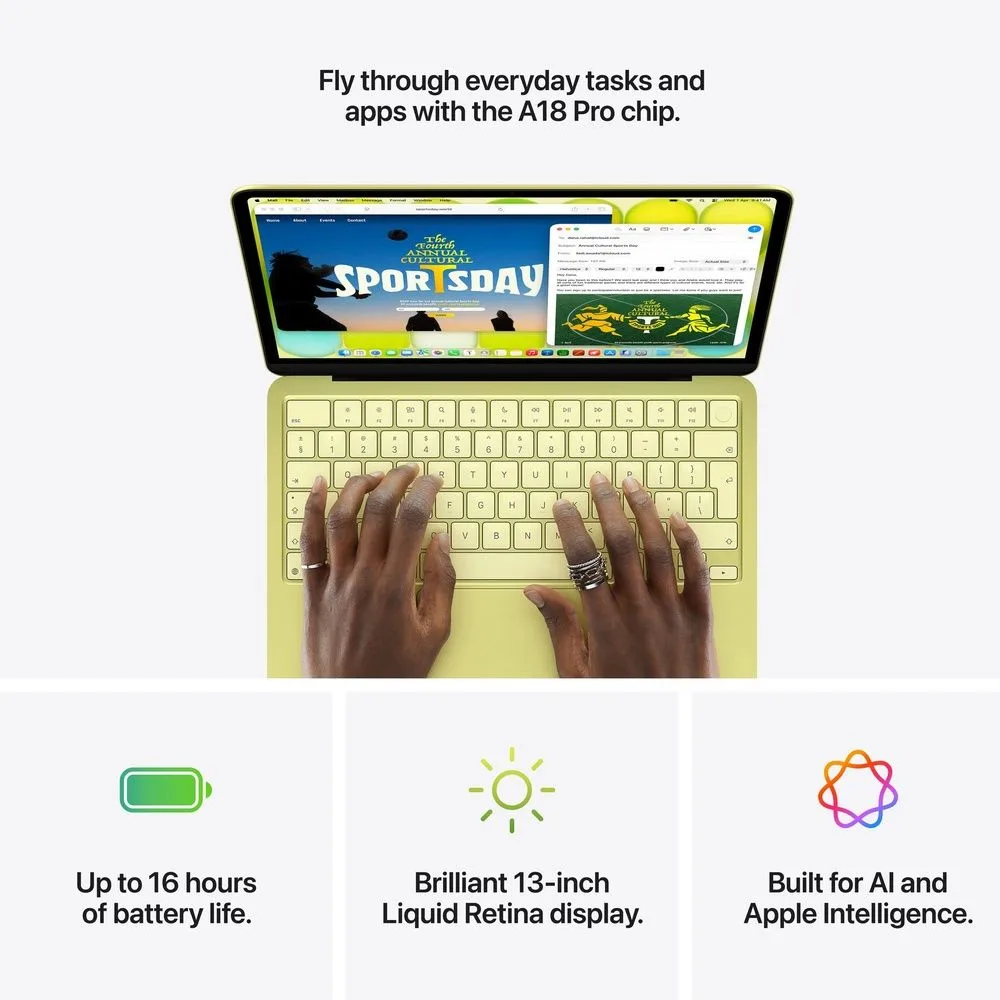 Apple MacBook Neo 13 Laptop, A18 Pro Chip, 6-Core CPU, 5-Core GPU, 8GB RAM, 512GB SSD, Liquid Retina Display & Apple Intelligence | Citrus - MHFE4AB/A thumbnail 3