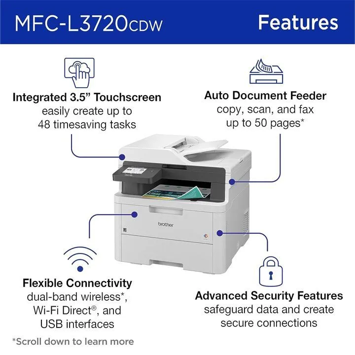 Brother Color LED Laser Multifunction Printer, LED Printing Technology, Automatic Duplex Printing, ADF Support - White - MFC-L3720CDW thumbnail 3
