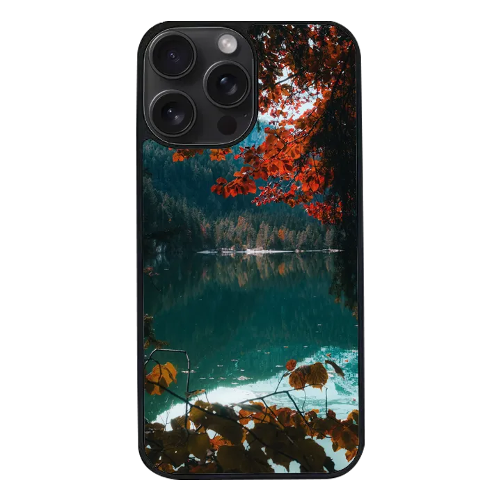 iPhone 15 Pro Max Black Case Printed With Brown Green Trees Beside River Daytime