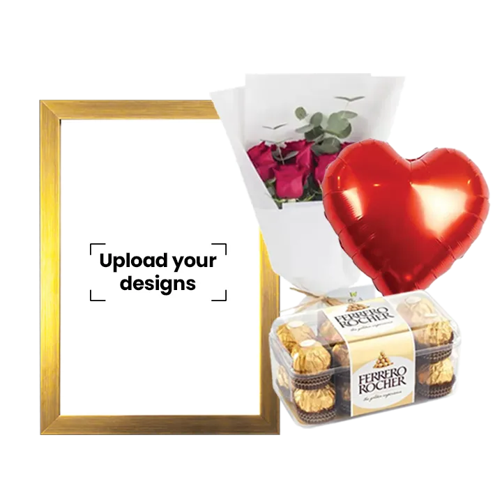 A3 Photo Frame Bundle (Personalized Golden Photo Frame, Flowers, Balloon & Chocolate) thumbnail 2